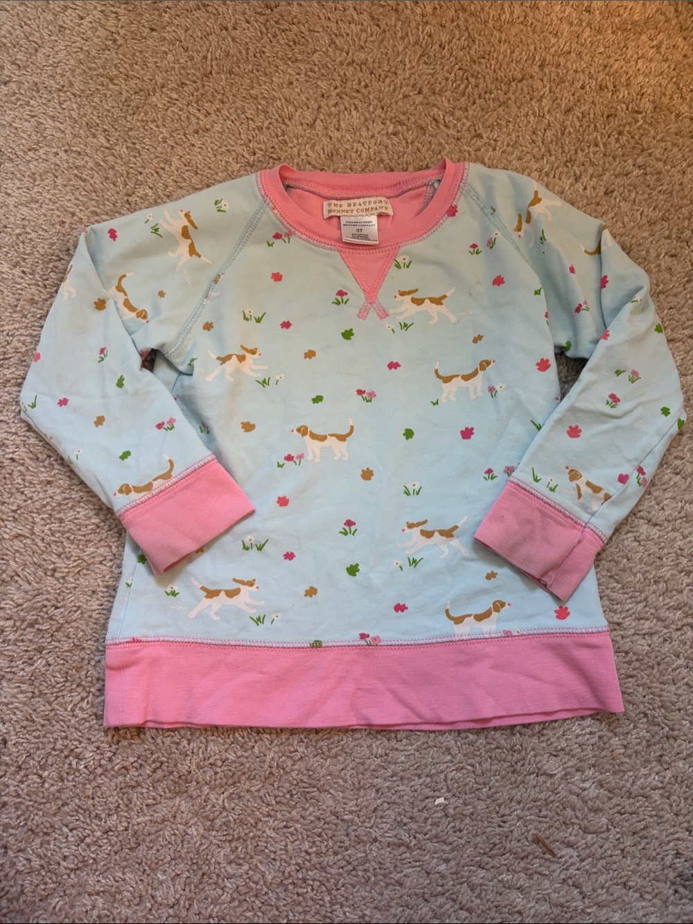 The Beaufort Bonnet Company Cassidy Crewneck Blue & Pink Dog Print